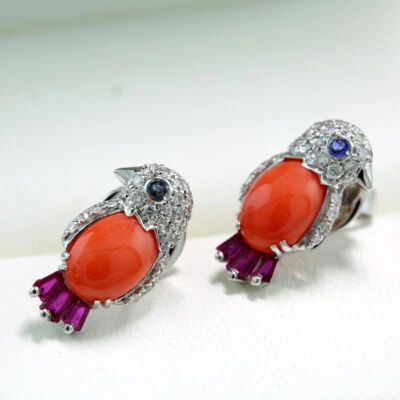 Koralle Saphir Rubin Brillant Ohrstecker "Vögel" 750er Weißgold Wert 1900 € neu - Bild 1 von 4