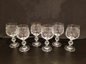 (6) Vintage Bohemia Crystal Etched Wine Glasses Queens Lace Gold Trim