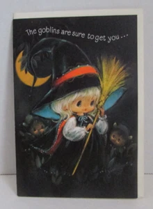 Linda tarjeta de felicitación de brujas duendes de Halloween embajadora de los años 60 de colección - NUEVA - Imagen 1 de 3