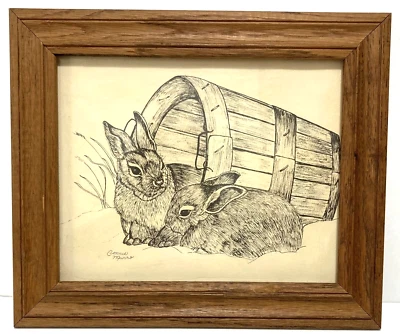 Conejos Pluma y Tinta Dibujo Impresión 8x10" Connie Munro 10.75x12.75" Marco de Madera Foto 1 de 4