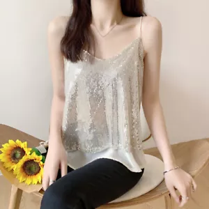 Lady Shiny Sequins Vest Glitter Camisole Tank Top Spaghetti Strap Party Cocktail - Picture 1 of 15