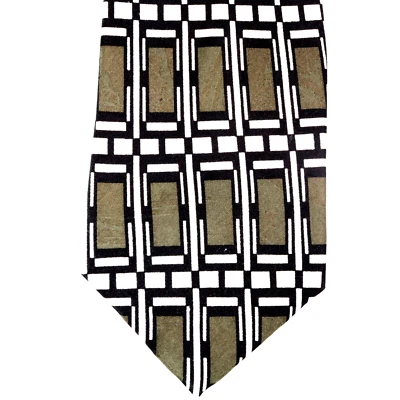 Martin Wong Tie Mens 58 in Silk Olive Black White Rectangle Geo Grid Lined Wide - Image 1 of 4