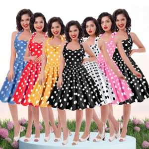 Women 50s 60s Vintage Polka Dot Rockabilly Swing Dress Halter Party Midi Dress! - Picture 1 of 25