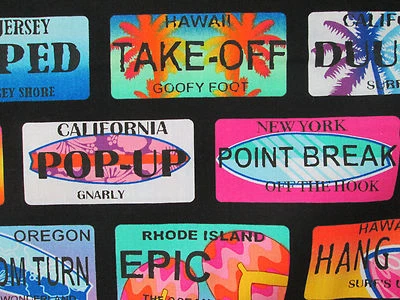 STATE LICENSE PLATES SURFING WORDS SURFS UP BLACK COLORS COTTON FABRIC FQ - Image 1 of 4