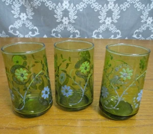 Set of 3 - Vintage Green Glass Juice Glasses - Raised Flowers - Libbey - Picture 1 of 7