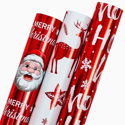 Christmas Wrapping Paper Roll, 3 Mini Rolls Red White Metallic Foil Shine Gif... - Image 1 of 4
