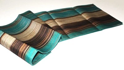 92" Table Runner in Shades of Turquoise, Brown and Natural Striped Pattern - Image 1 of 4