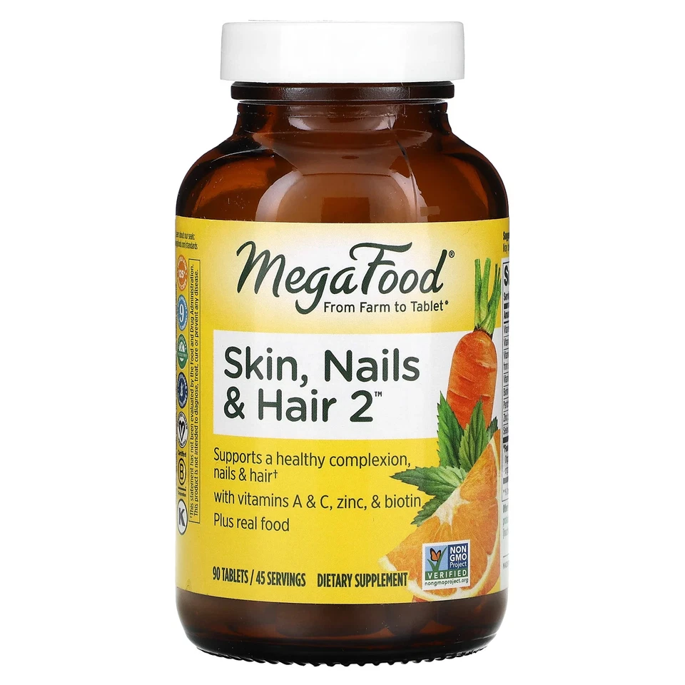 MegaFood Piel Uñas Cabello 2 90 Comprimidos Sin Lácteos, Sin Gluten, Certificado NSF, Foto 1 de 3