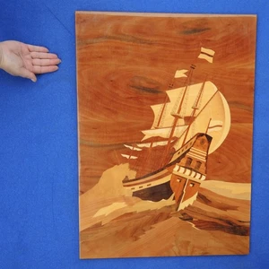 Old Big SAILING SHIP/Inlaid WOOD PLAQUE Handmade MARQUETRY/Vintage USSR 27"=70cm - Picture 1 of 6