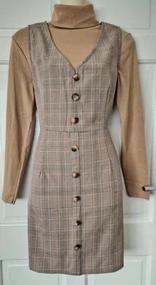 Nasty Gal Brown/Beige Checked pinafore Dress & Long Sleeved Top size 10 12 - Image 1 of 3