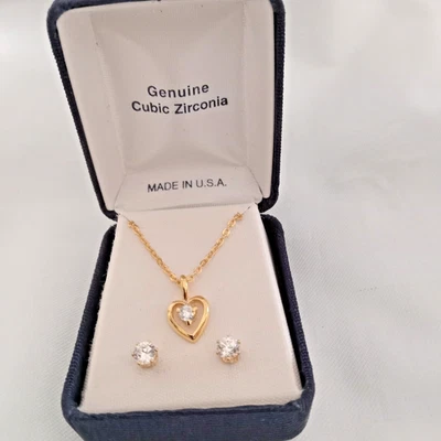 Cubic Zirconia Stud Earrings and Heart Necklace in Blue Satin-like Box Vntg Read - Image 1 of 4