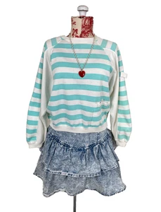 Vtg 80s NAUTICAL STRIPE  Sailing Sweatshirt Teal Blue Turquoise Ocean Beach Surf - Picture 1 of 13
