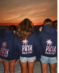 Pink Palm Puff Hoodie Sz L Blue W/dust Bag & Box! EUC Beach Core - Picture 1 of 10