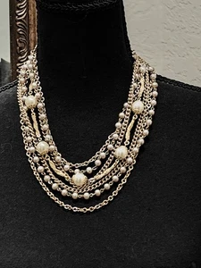 1950's Designer CORO Multi Strand Gold Tone and Faux Pearl Beads Vtg Necklace - Picture 1 of 4