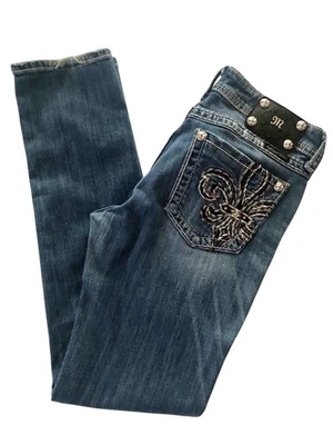 Pantalones de mezclilla Miss Me para mujer talla 30 ajustados bordados flor de lis con bling de colección raros Foto 1 de 4