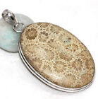 Fossil Coral 925 Silver Plated Gemstone Handmade Pendant 2.5" Well Made Gift Gw