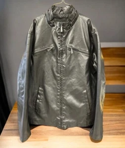 Mens XL Full Zip Biker Jacket MINT Whispering Smith Black Faux Leather Jacket - Picture 1 of 24
