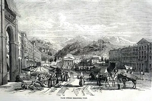 Turin Italy 1855 PLACE VITTORIO EMANUELE MARKET SCENE Matted Antique Art Print - Picture 1 of 10
