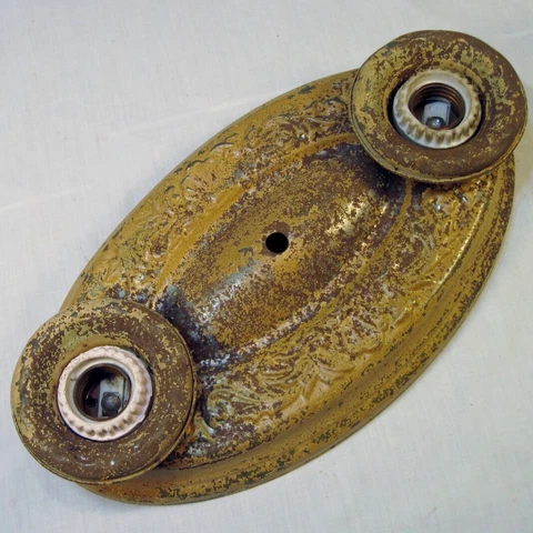 Vtg Double Light Ceiling Fixture Metal Rusted Distressed Oval Steel REWIRED #3 Cover