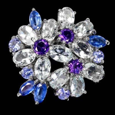 925 Anello Argento Sterling Ovale Acquamarina 6x4mm Ametista Cianite Tanzanite - Immagine 1 di 4
