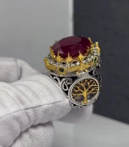Natural Ruby Mens Stone Ring Heavy Yakoot Ring Tree Gold Sterling Silver In 925 - Picture 1 of 6