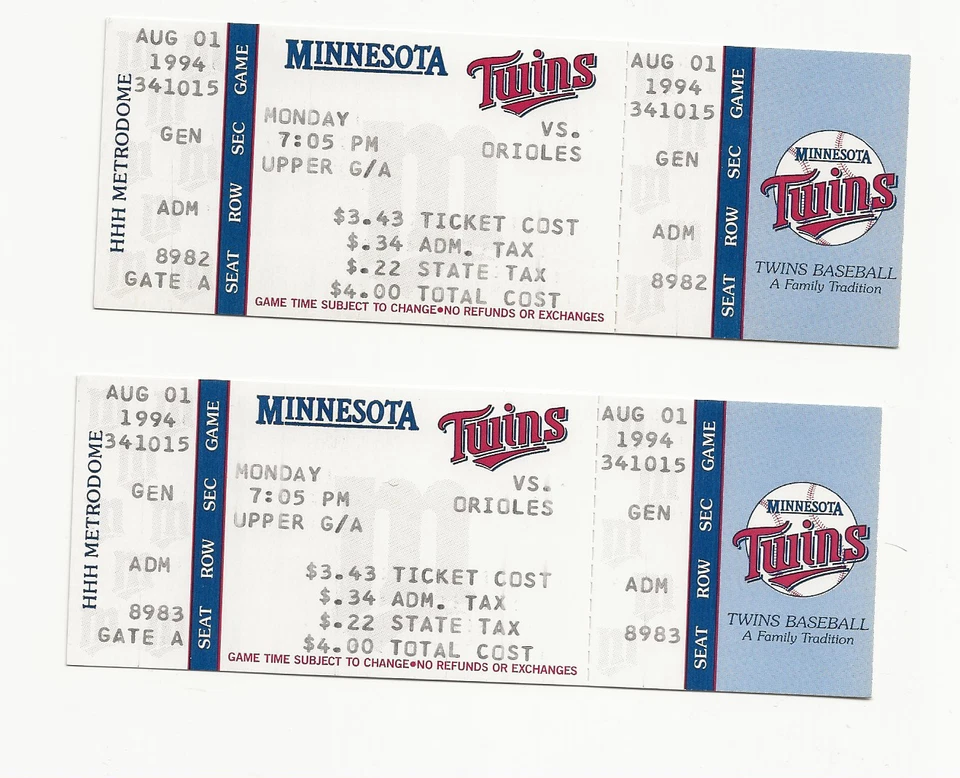 2 talones de boletos de Minnesota Twins 1 de agosto de 1994 Foto 1 de 1