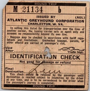 1939 Charleston West Virginia Atlantic Greyhound Corporation Bus Ticket Stub - Picture 1 of 2