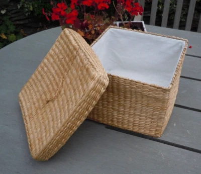 Large Water Hyacinth Lidded Lined Basket storage natural - Image 1 of 4