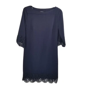 beige by ECI Navy Blue shift dress womens size 8 crochet hem 3/4 sleeve knit - Picture 1 of 12