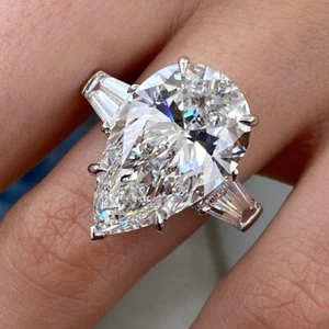 Three Stone Engagement Ring 12.0 CTW Pear and Baguettes Moissanite Huge Ring Her - Picture 1 of 12
