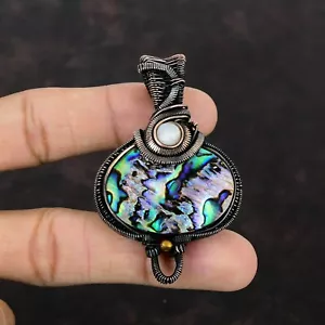 Abalone Shell Wire Wrapped Pendant Handcrafted Copper Unique Gift 2.6" - Picture 1 of 5