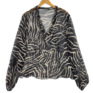 Tahari Zebra Print Top Blouse XL 100% Silk Sheer Frayed Ruffled Neckline Artsy - Picture 1 of 13