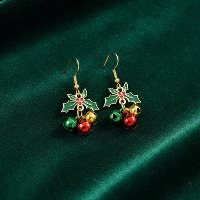 Christmas Holly Bell Dangle Earrings Enamel Gold Tone Holiday Xmas Party Gift - Image 1 of 4