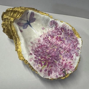 Handmade Oyster Shell  Trinket Dish Dragonfly And Floral Inspired - Picture 1 of 4