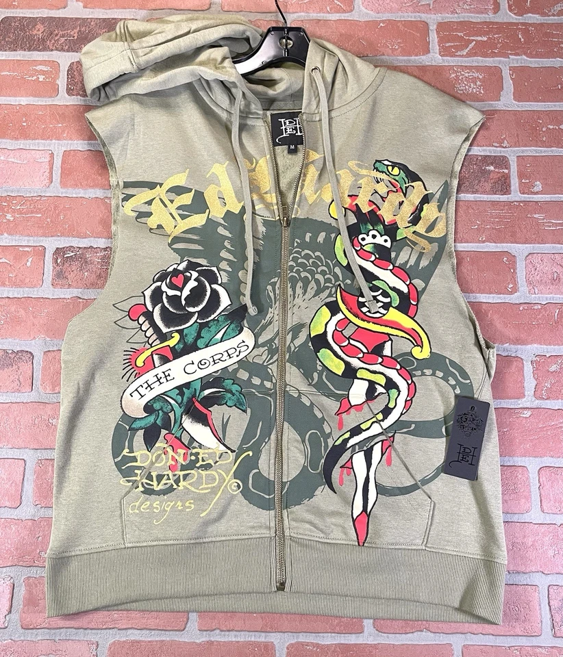 Sudadera con Capucha Ed Hardy Verde Oliva Daga Rosa Corte Para Hombre Mediana El Cadáver Nueva con Etiquetas Foto 1 de 4