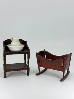 3pc Dollhouse Furniture Wooden Crib & Washstand w/ porcelain pitcher & Basin VTG - Image 1 of 4