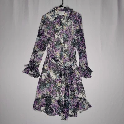 Vestido Midi Mikael Aghal Botón Mujer 10 Púrpura Negro Romántico Floral Volantes Cinturón Foto 1 de 4