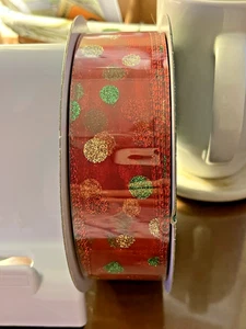 Kirkland Wire Edged Red Ribbon w/ Gold &Green Glitter Polka Dots  50 yd X 1.5 in - Picture 1 of 4