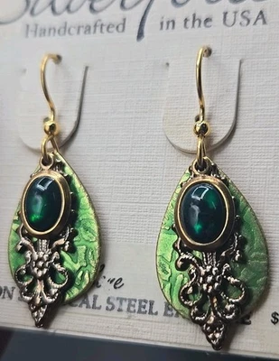 Silver Forest Earrings Green Abalone Filagree Teardrop Layered 18k On Steel USA  - Image 1 of 4
