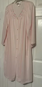 Shadowline Pink Duster Robe 2X Nylon Button Up 3/4 Sleeve Pocket Embroidered - Picture 1 of 7