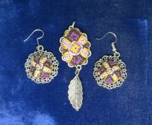 Hand Made Thread Necklace Set Earrings and Pendant with feather - Picture 1 of 5