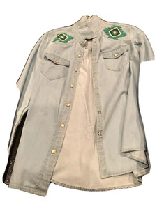 Lucky Brand Womans xs Blue Denim beaded 2 Pocket Button Front - Picture 1 of 7