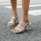 Womens Glitter Rhinestone Mid Block Heel Sandals Slippers plus size 