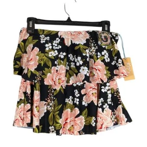 Bandeau Tankini Top Kona Sol Floral Tiered Black S Strapless Layer Swimsuit Pool - Picture 1 of 8