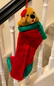 Vintage Puppy Dog Plush Christmas Stocking Red Hat 18" Red Green Fuzzy - Picture 1 of 4