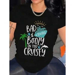 Women's leisure 2025 cruise travel pattern printed top,casual round neck T-shirt - Picture 1 of 12