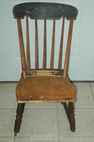Antique Circa 1850 Small Rocker Rocking Chair Original Paint & Stenciling Cover