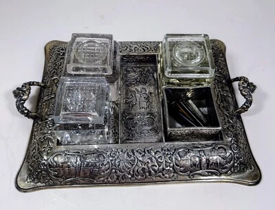 Antiguo Intl. Tintero Derby Co plateado, base de reposo cuádruple, corte de vidrio Foto 1 de 4