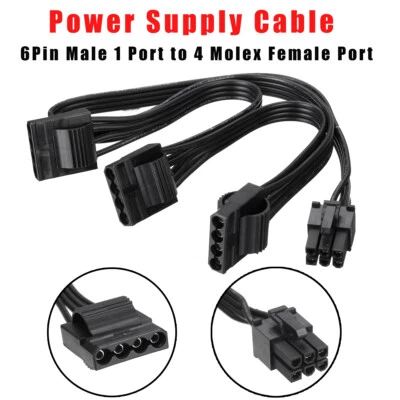 18AWG 6 Pin Male 1 to 4 Molex Female Port Power Supply Splitter Extension Cable - Image 1 of 4