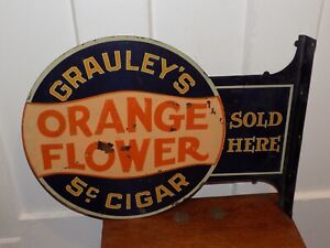 Vintage Grauley’s Orange Flower 5 Cent Cigar Sold Here Flange Sign